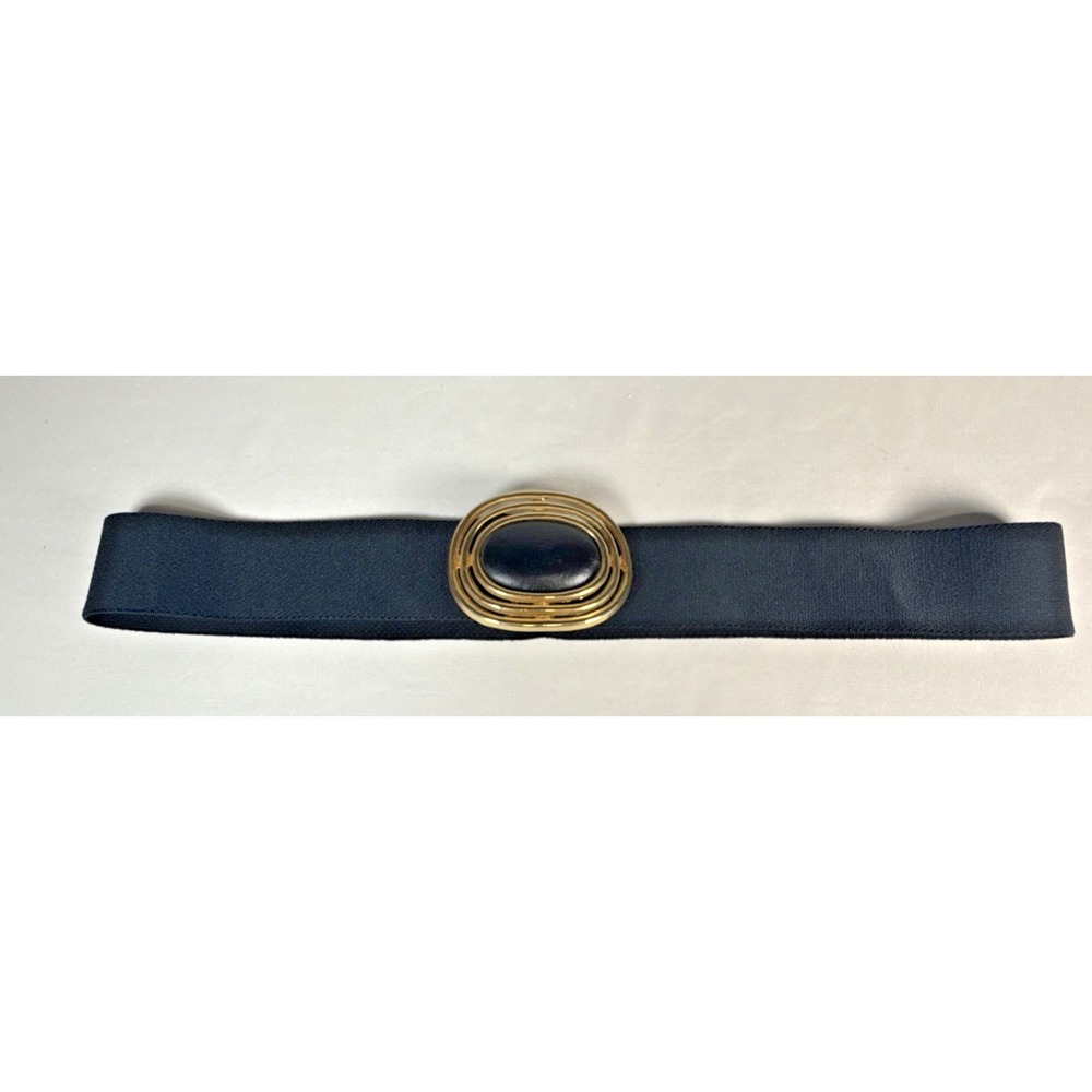 Vintage Day Lor 80s Elastic Stretch Belt Black‎ Oval Gold Tone Buckle 36"